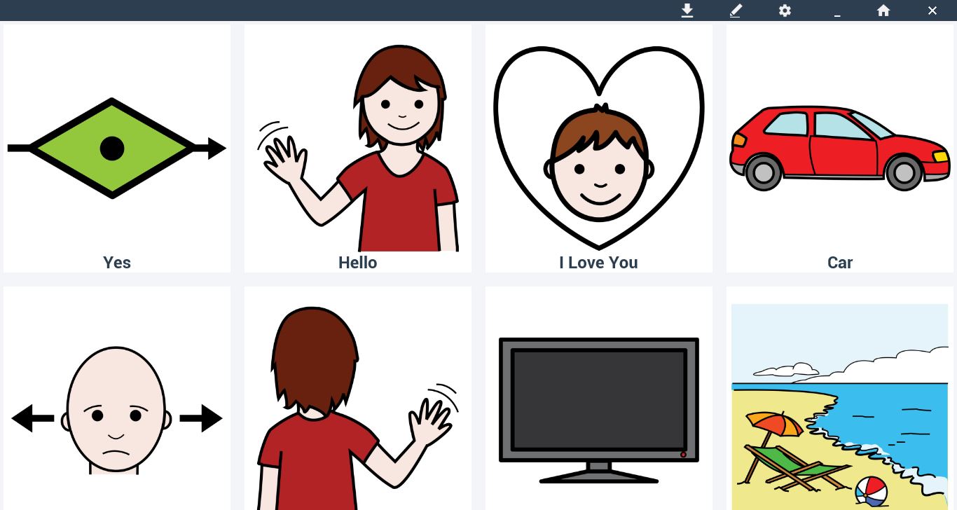 4 by 2 Grid with various phrases and corresponding AAC icons